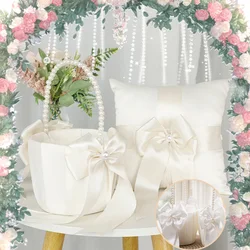 Flower Girl Basket Ring Bearer Pillow Set White Romantic Satin Bow Pearls Ring Pillow For Bride/Kid Wedding Ceremony Party Decor