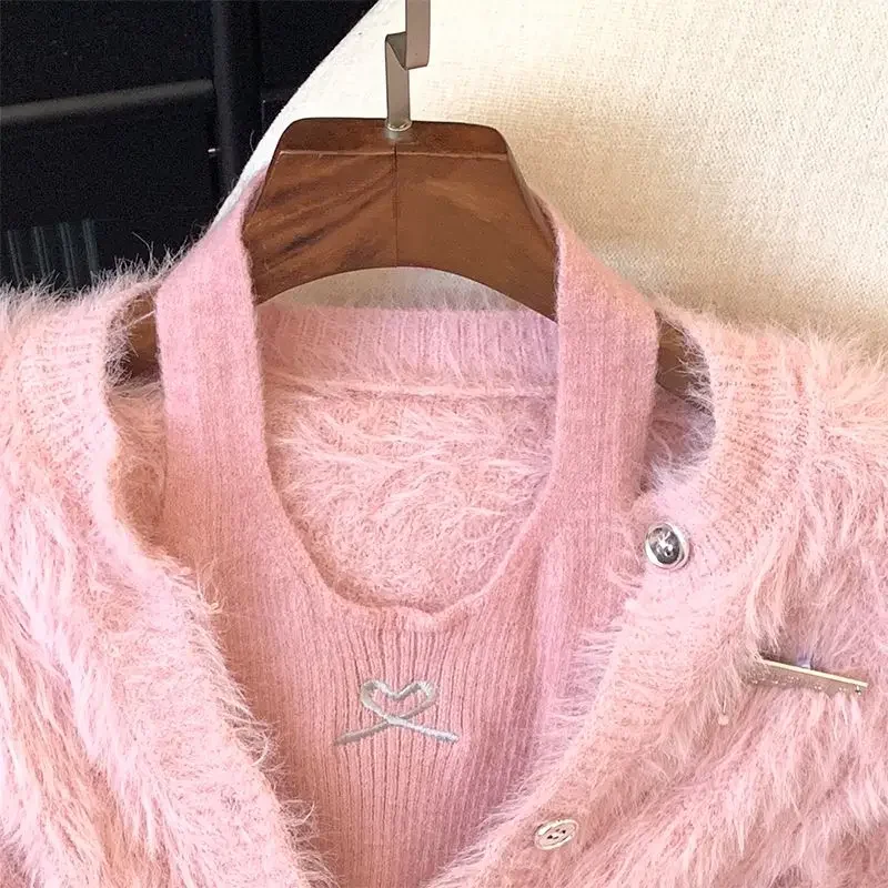 Sexy Halter Vest Pink Cardigan Mink Cashmere Sweet Korean Fashion Knitwear Jacket 2 Sets Tanks Pull Femme Y2k Sweater