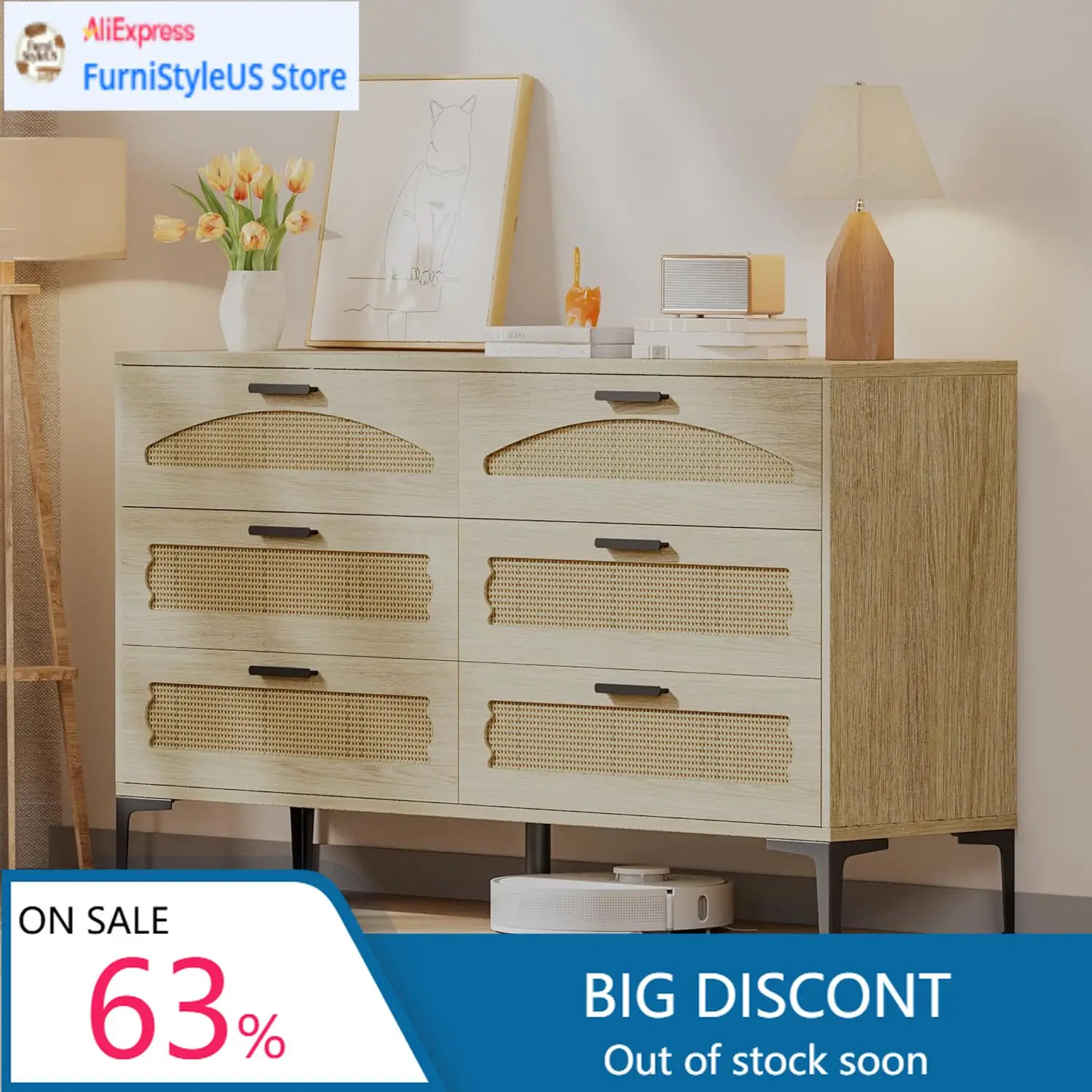 

Комод с 6 ящиками для спальни, деревянный комод с ротанговыми вставками для гардеробной с металлическими ножками, тумба под ТВ в стиле бохо с ящиками, комоды и тумбы для хранения