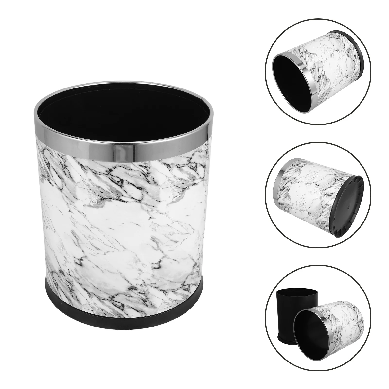 

Round Lidless Marbling Trash Bin Safe Material Large Capacity Home Kitchen Office Waste Container Modern Style Decor