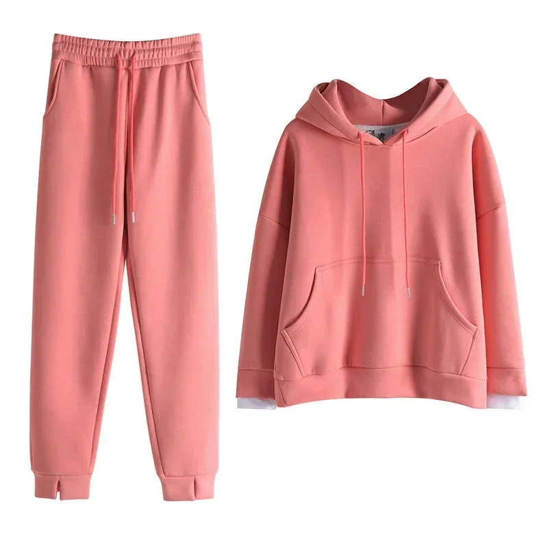 Women Two Pieces Sets Hoodies+Pants Solid Color Tracksuit Autumn Winter Fleece Thick Warm Outfits Female Casual Clothing Suits