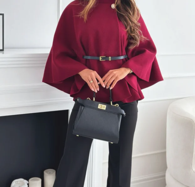 

Winter Women's Fashion Solid Waist Strap Cloak Sleeve Loose Top Temperament Commuting Female Casual Clothing Elegant Blouses