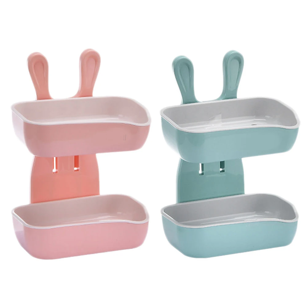 

2pcs Double Layer Box Cartoon No Punching Holder Plastic Soap Tray With Drain Holes Soap Rack For Bathroom Kitchen Use