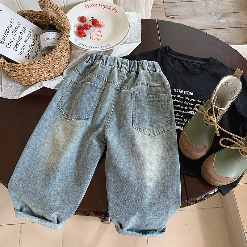 Lässige elastische Taille Teenager Kinder Hosen Design Streetwear Kinder Hosen Jeans Sommer neue Kleidung reine Baumwolle perforiert