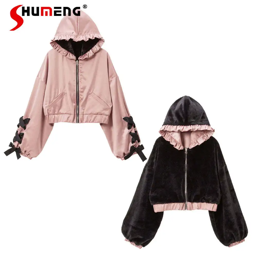 Winter Cute Sweet Cotton-Padded Jacket for Women Double-Sided Wear Plush Coat Knotted Solid Color Short Woolen Coats Parkas