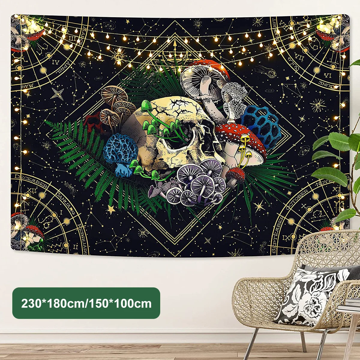 Large Skull Tapestry Colourful Mushroom Night Tapestry Black Starry Wall Hanging Carpet Aesthetic Background Tapestry Home Wall