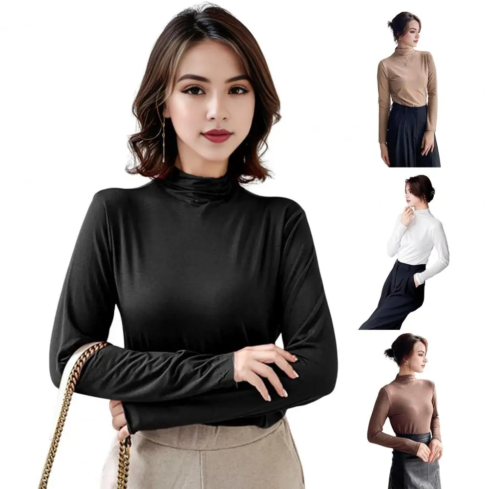 Women Long Sleeve Top Half-high Collar Slim T-shit Stretchy Solid Color Bottoming T-shit For Daily Wear Work