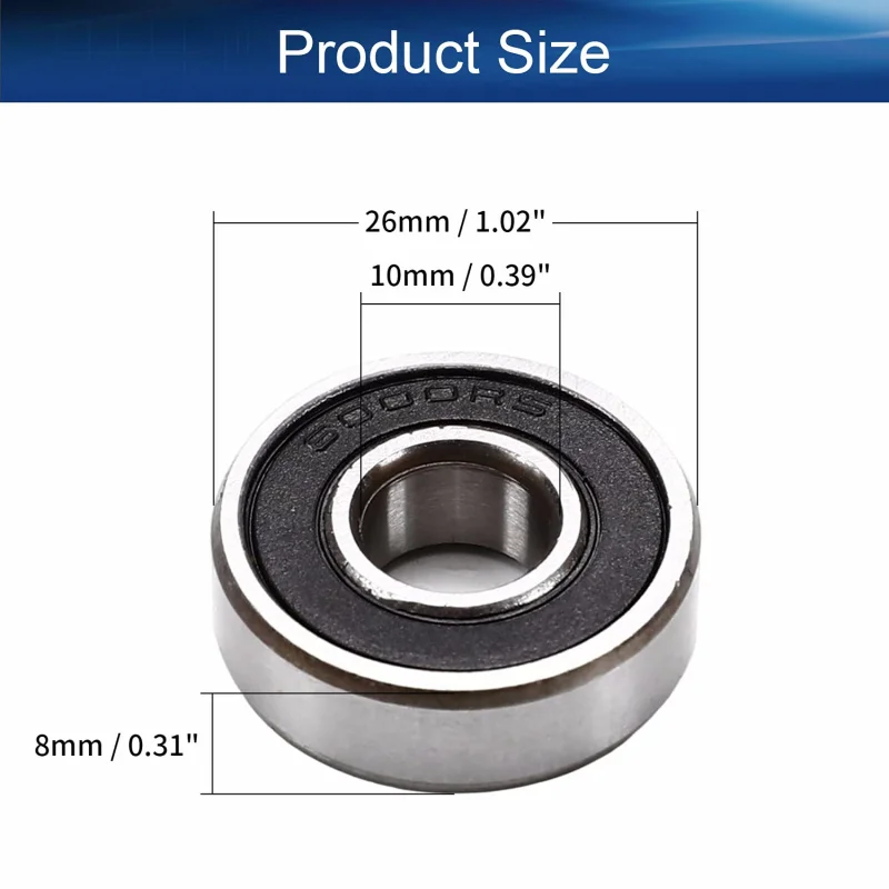 2 ชิ้น 6000-2RS ตลับลูกปืน, ตลับลูกปืนเม็ดกลมร่องลึกขนาดเล็ก 10x26x8 มม.(IDxODxTHK) ตลับลูกปืนสเก็ตบอร์ดซีลยางคู่