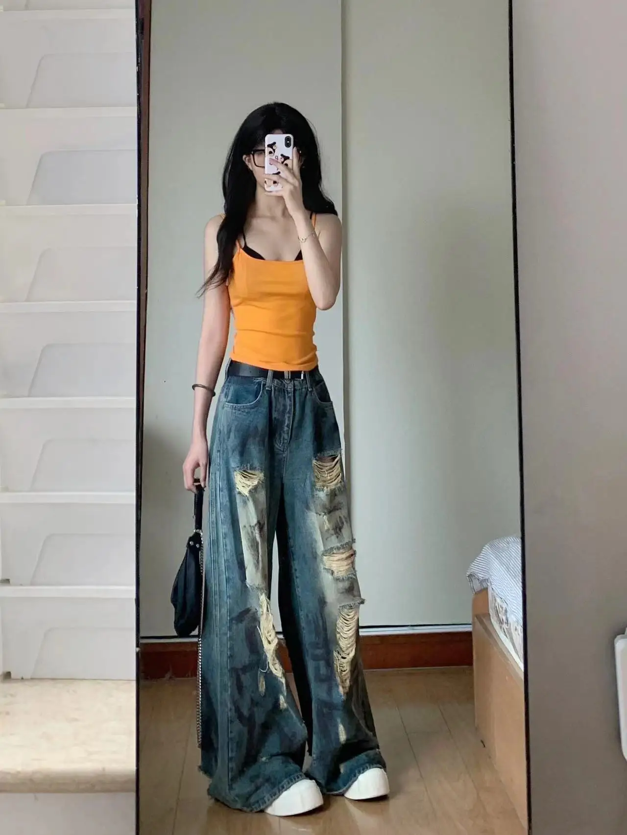 Summer New Style Ripped Floor Jeans For Women American Style Spicy Girls Straight Leg Loose And Lazy Style Wide Leg Demin Pants