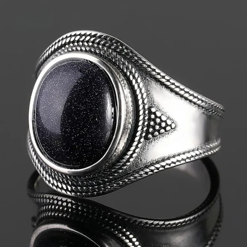 S925 Sterling Zilveren Ring Natuurlijke 10X12Mm Blauwe Zandsteen Ringen Vintage Sieraden Ringen Voor Mannen Vrouwen Groothandel Dropshipping