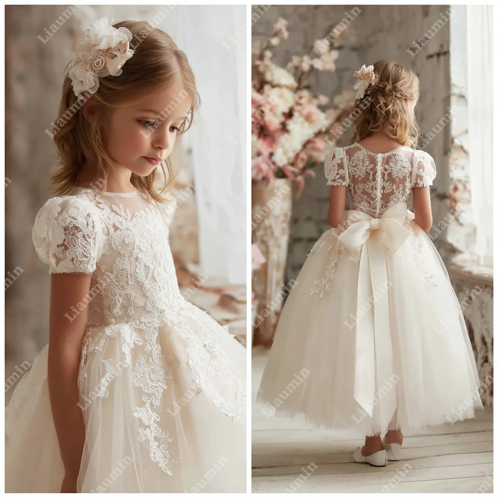 

Flower Girl Dresses Lace Applique with Sash Formal Princess First Communion Gowns Brithday Pageant Skirt Customized W1.1.38