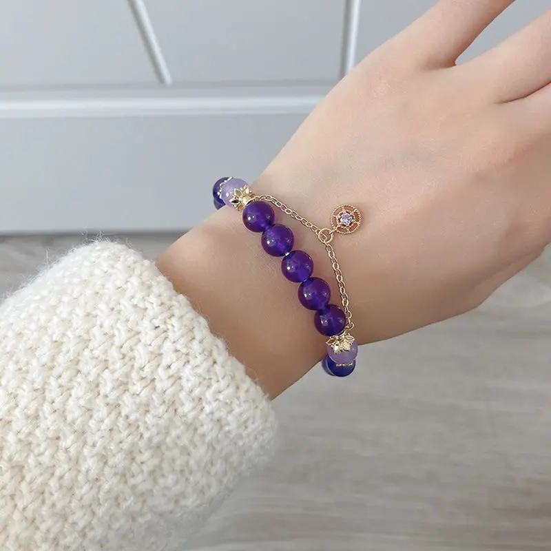 Game Impact Scaramouche Wanderer Fashion Fan Elegant Purple Crystal Bead Bracelet Handmade Elastic Rope Girl Birthday Jewelry