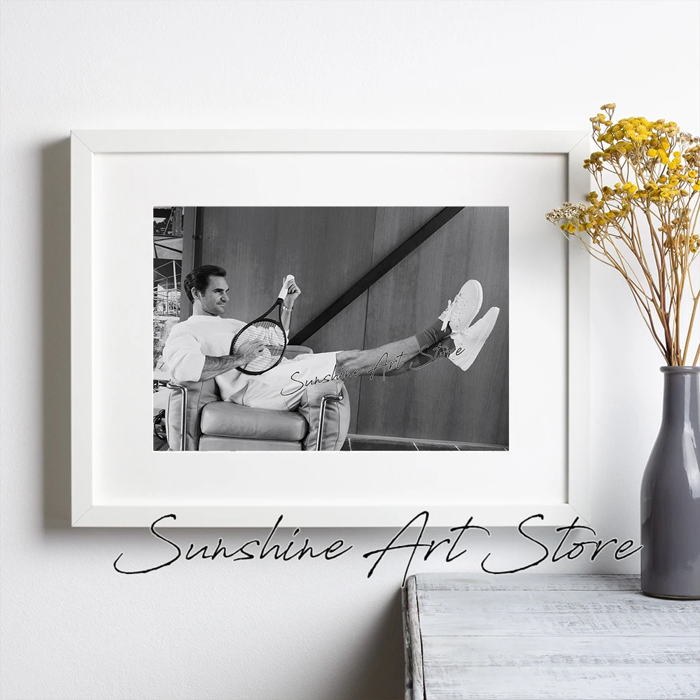 Swiss Tennis Roger Federer Photograph Art Tennis Legend Athlete Icon Black and White Poster Canvas Painting Wall Pictures Decor