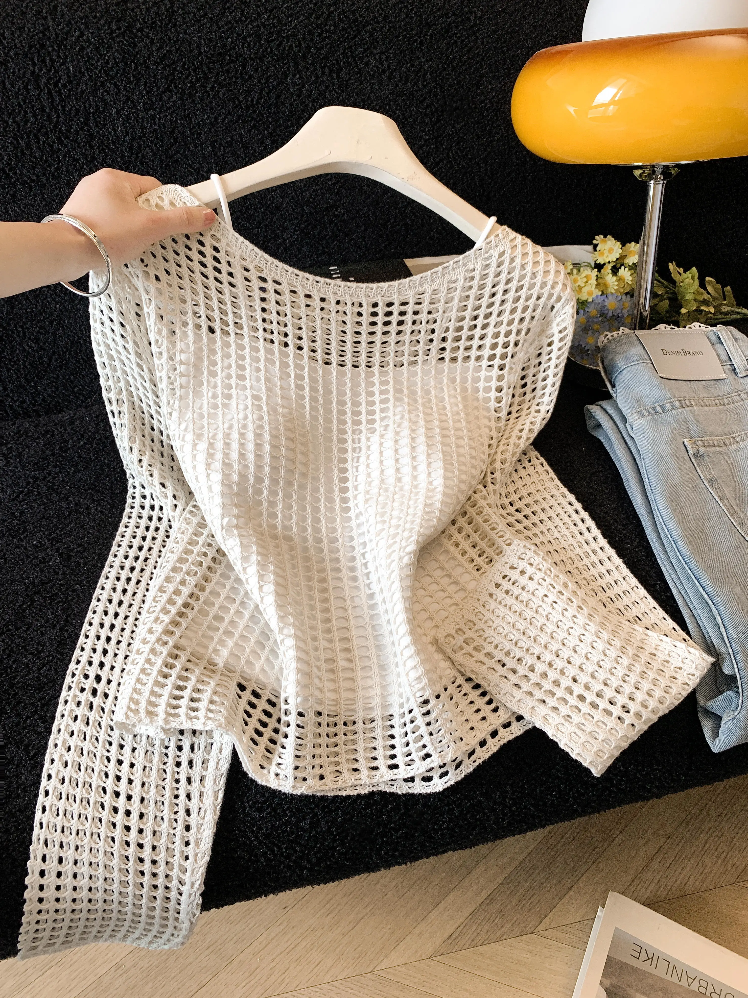 Spring and Summer Thin Overlay Loose Hollow-out Blouse with Camisole New Fashionable Mesh Shirt Two-piece Set