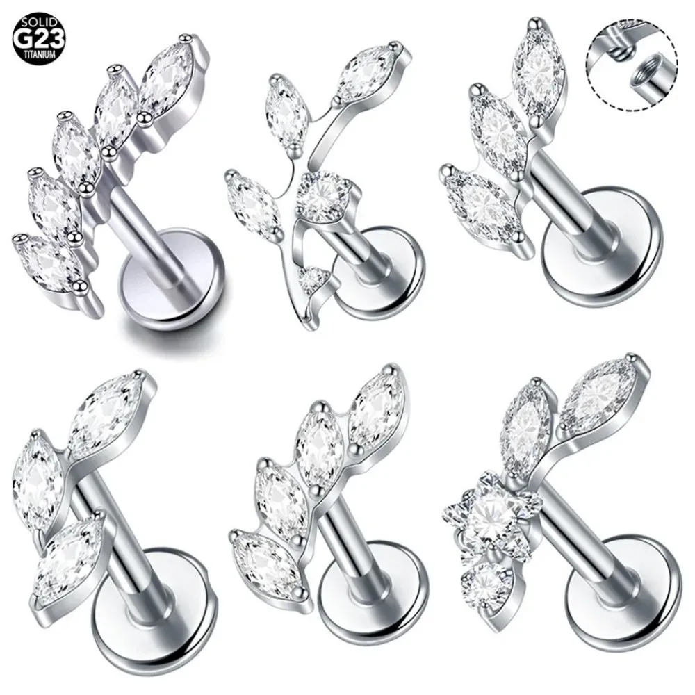 1pc Titanium Leaf Labret Piercing Lip Ring Clear CZ Stud Earring Internally Threaded Tragus Piercing Body Jewelry