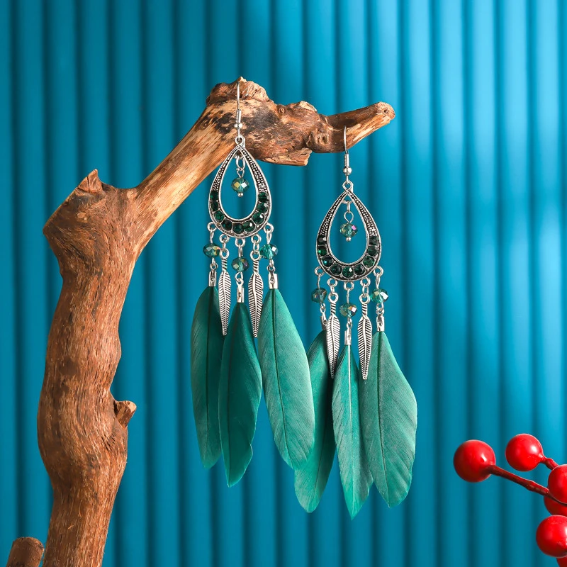New Vintage Rhinestone Feather Tassel Earrings Ethnic Long Beads Alloy Leaf Earrings Bijoux Femme Wedding Boheme