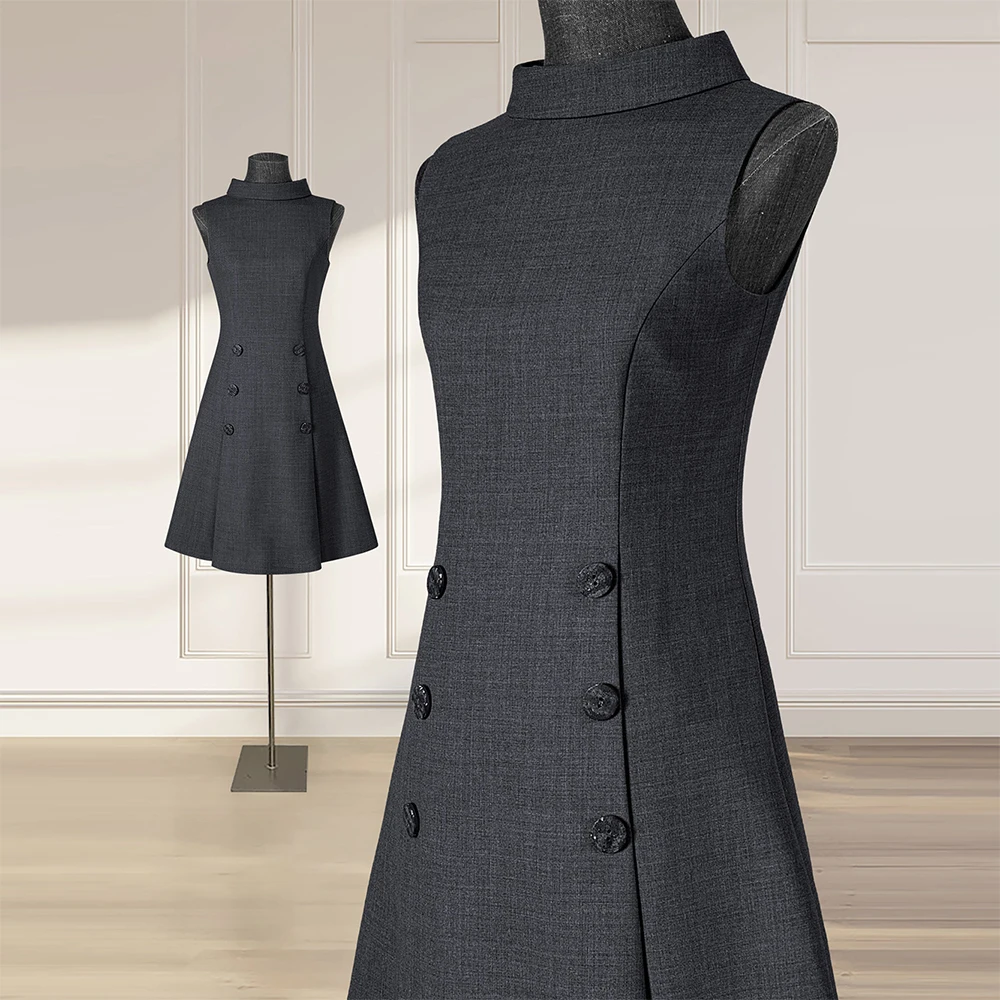 Summer Fashion French Retro Style Grey Dress For Women,Exquisite Cutting Design Stand Collar A-Line Skirt Sleeveless Vest Dress