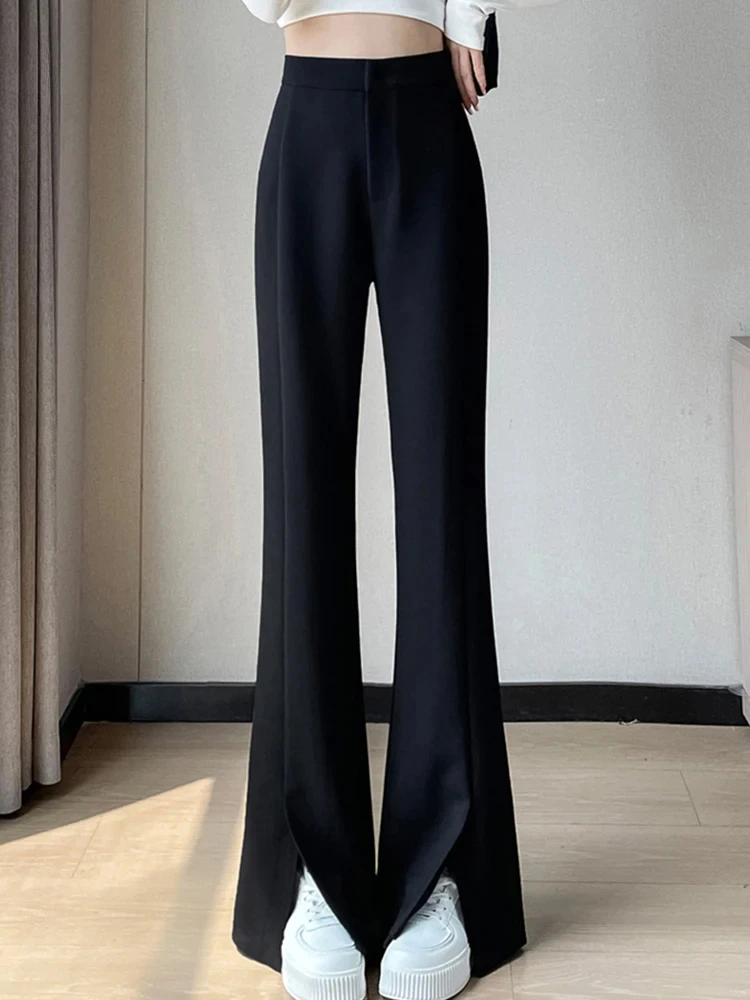 

Split Black Slim Fake Pockets Flare Pants Chic Office Ladies High Waist Casual Fashion Female Streetwear Trousers Apricot