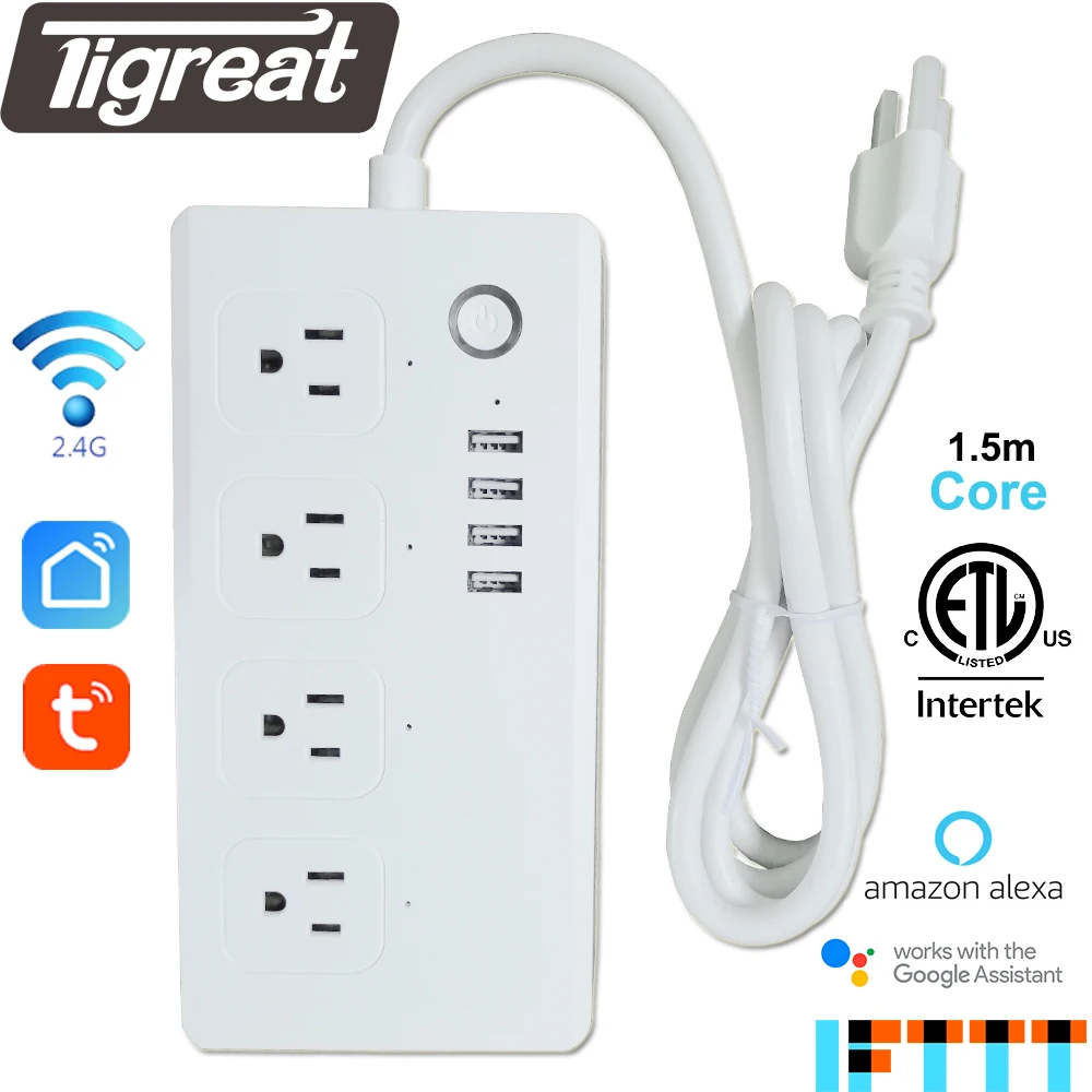 Tigreat Smart Power Strip Wifi US 10A 4 outlet Socket Plug Timer Remote Control Socket Tuya Alexa Google Home IFTTT Outlet