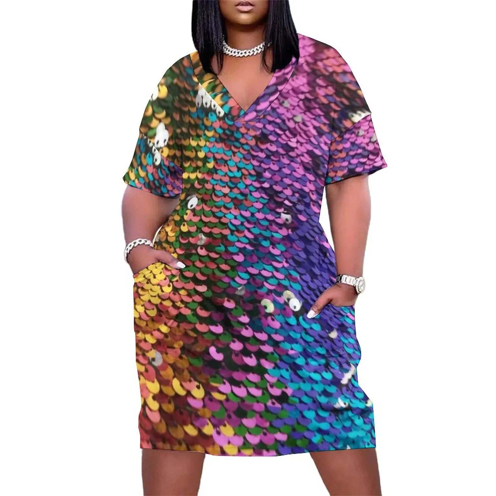 Photographic Image of Multi-colored Sequins Loose Pocket Dress Dance dresses clothes