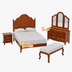 iLAND Wooden Dollhouse Furniture Vintageon 1:12 Scale Bedroom Bed Bedside Table Dressing Table  Upholstered Bench (Walnut 4pcs)