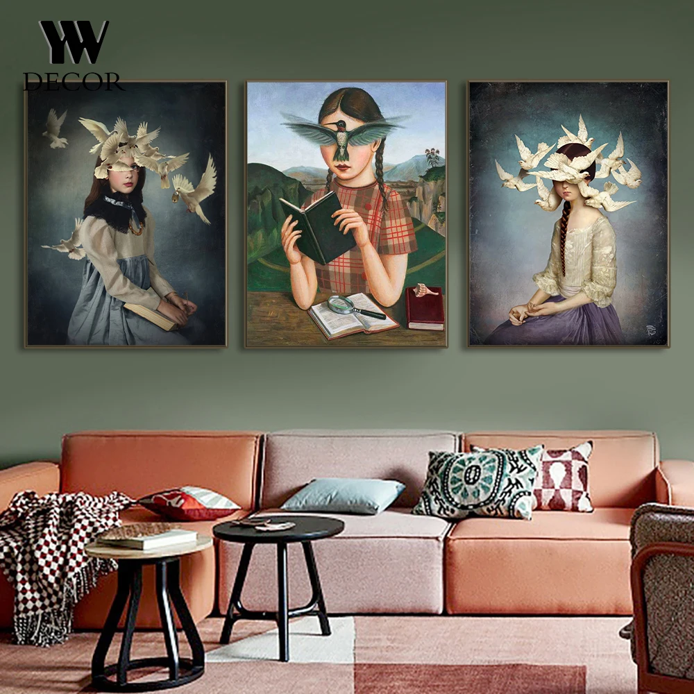 Abstract Girl White Dove Animals Canvas Painting Wall Art Poster Prints Nordic For Home Cuadros Decorative Gifts