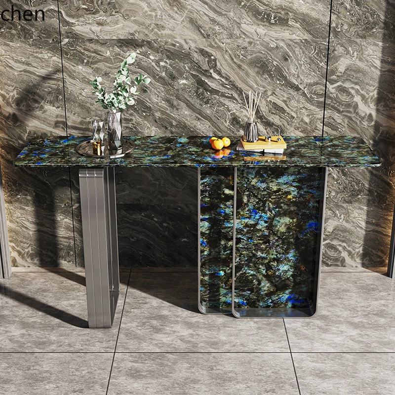 HSN  luxury natural marble entrance table stainless steel supercrystalline stone blue jadeite entrance table against the wall