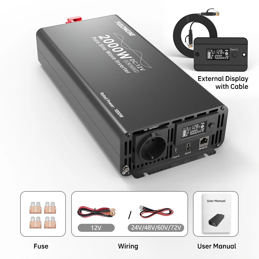YULONGNE Pure Sine Wave Inverter DC12V Peak 2000W to AC230V EU Socket Converter with External LCD Display for RV Camper Solar Em