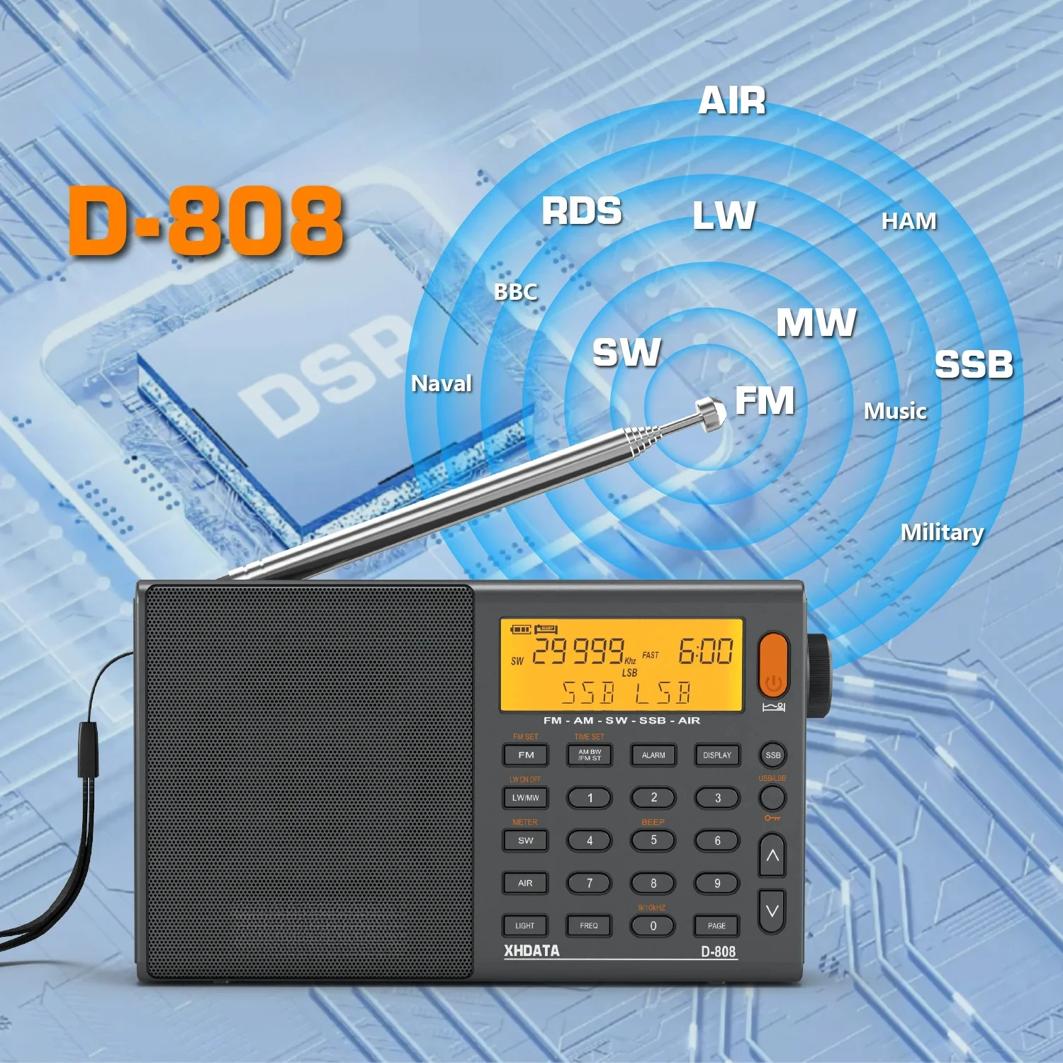 D-808 AM/FM/SW/MW SSB AIR RDS Full Band Portable Radio with Multifunction Deep Sound Stereo Rechargeable Radio Receiver
