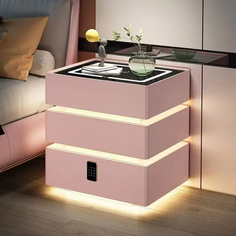 Modern 3-Drawer Nightstands Safe Box Lock LED Lighting Wireless Charging Station Pink Bedside Cabinet for Home Bar Furniture