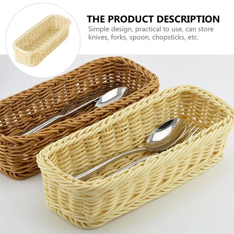 Plastic Rattan Woven Serving Basket Spoon Fork Knife Chopsticks Storage Basket Tableware Organizer Kitchen Cutlery Drain Holder