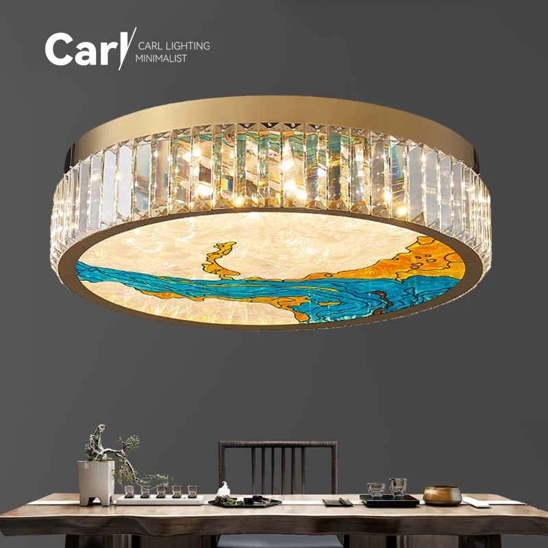 Chinese Style Enamel Ceiling Lamp Modern Villa Living Room Bedroom Home Decoration Glossy Crystal Ceiling Lamp Led Lamp