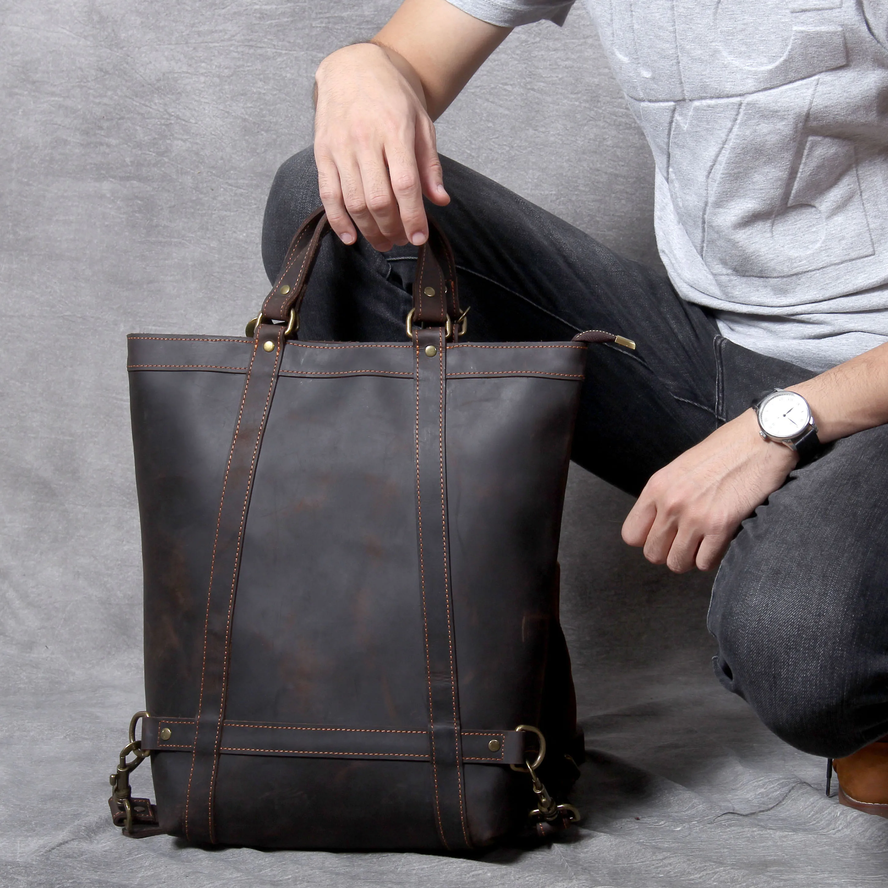 S.WORKER Vintage Echtleder-Rucksack Laptop-Tasche Lässige Crazy-Horse-Leder-Schultasche Outdoor-Reise-Weekender-Tasche – Detail 5