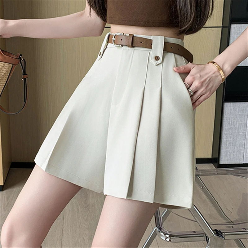 Seoulish 2024 New High Waist Irregular Pleated Women's Suit Short Summer Pants Elegant High Waist Straight Loose Shorts Trousers