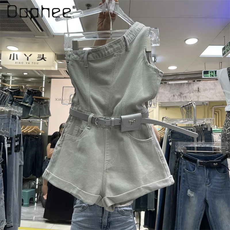 Chic Oblique Shoulder Denim Romper Women Sleeveless Zipper Side Rolled Wide Leg Jumpsuit Fashion Streetwear Jeans Playsuits