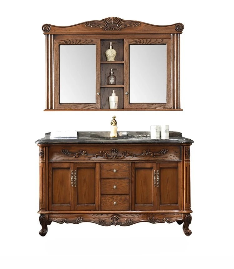 

Индивидуальный шкаф для ванной комнаты из европейского красного дуба, старинный шкаф для ванной комнаты из массива дуба, мраморный умывальник, раковина для рук