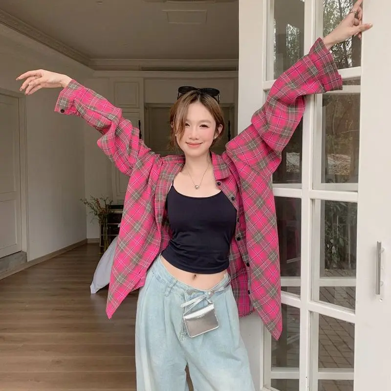 

Retro American White Pink Plaid Long Sleeve Women's Shirt Spring Autumn Loose Outerwear Casual Style Polyester Fiber