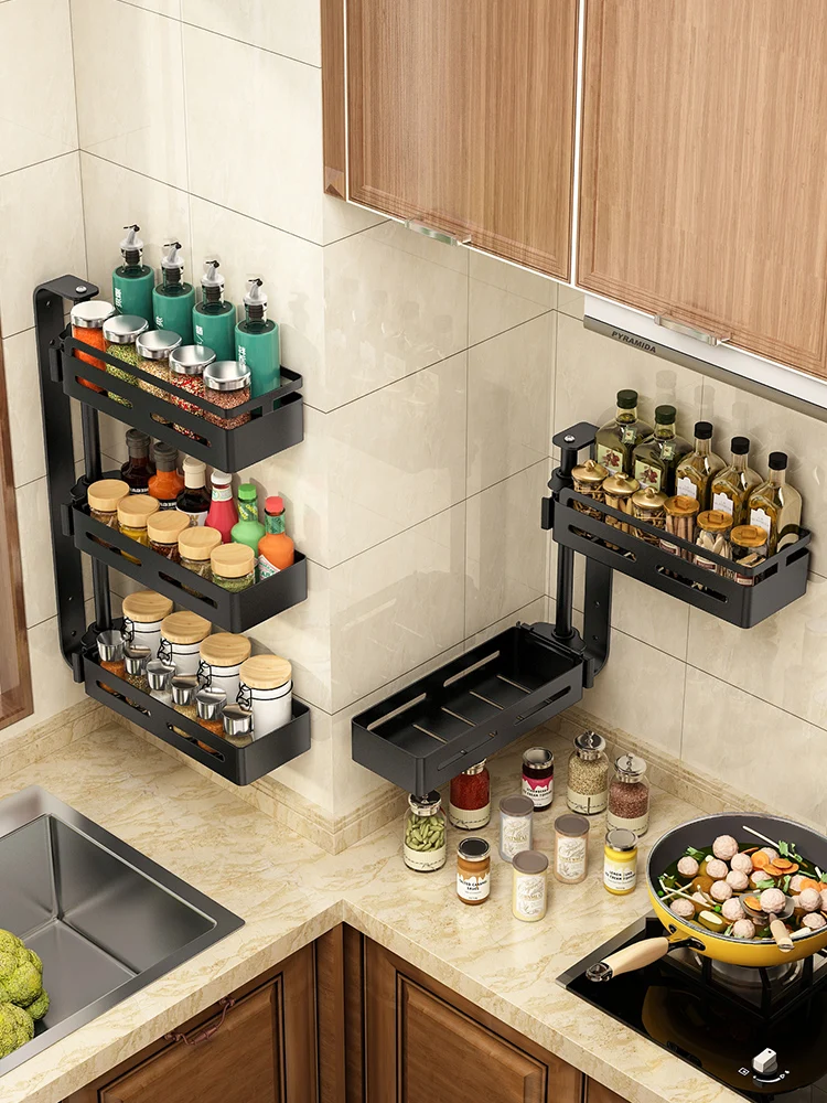 Kitchen storage rack, non perforated rotating seasoning rack, wall mounted, multi-layer, fully stored rack