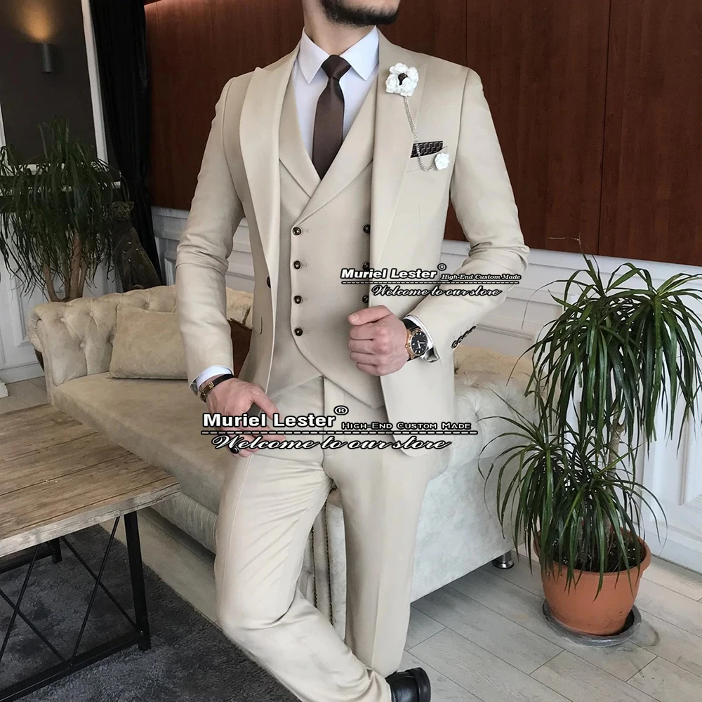 

Ivory Suits Men Formal Slim Fit Jacket+Double Breasted Vest+Pants 3 Pieces Costume Homme Mariage Party Dress Business Blazers