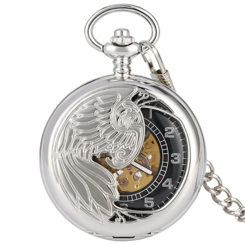 Retro Silver Hollow Phoenix Automatic Mechanical Self Wind Pocket Watch Arabic Number Dial Fob Pendant Chain Watches Clock Gift