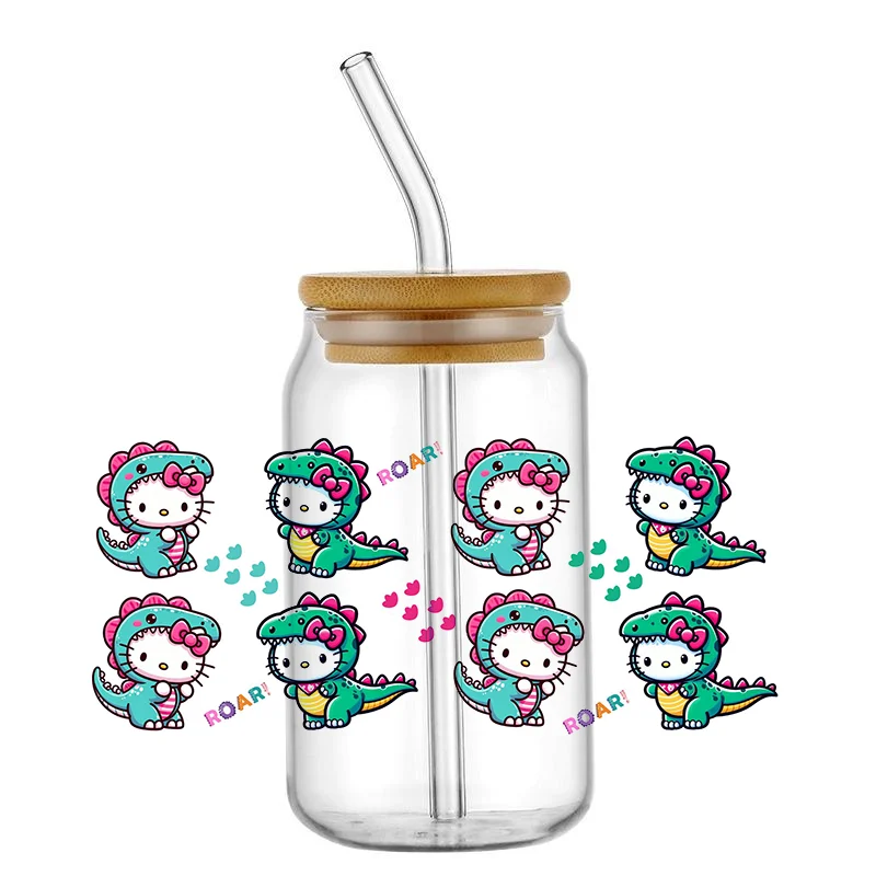 Miniso Kitty pegatina de transferencia UV DTF de dibujos animados, calcomanías personalizadas resistentes a altas temperaturas, bricolaje, tazas de vidrio de 16Oz