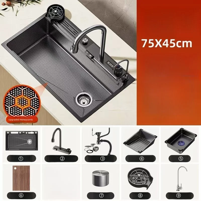 New Arrival Multi-function Gun Grey Waterfall Single Bowl Kitchen Sink Set Nano Stainless Steel Handmade Sink With Faucet