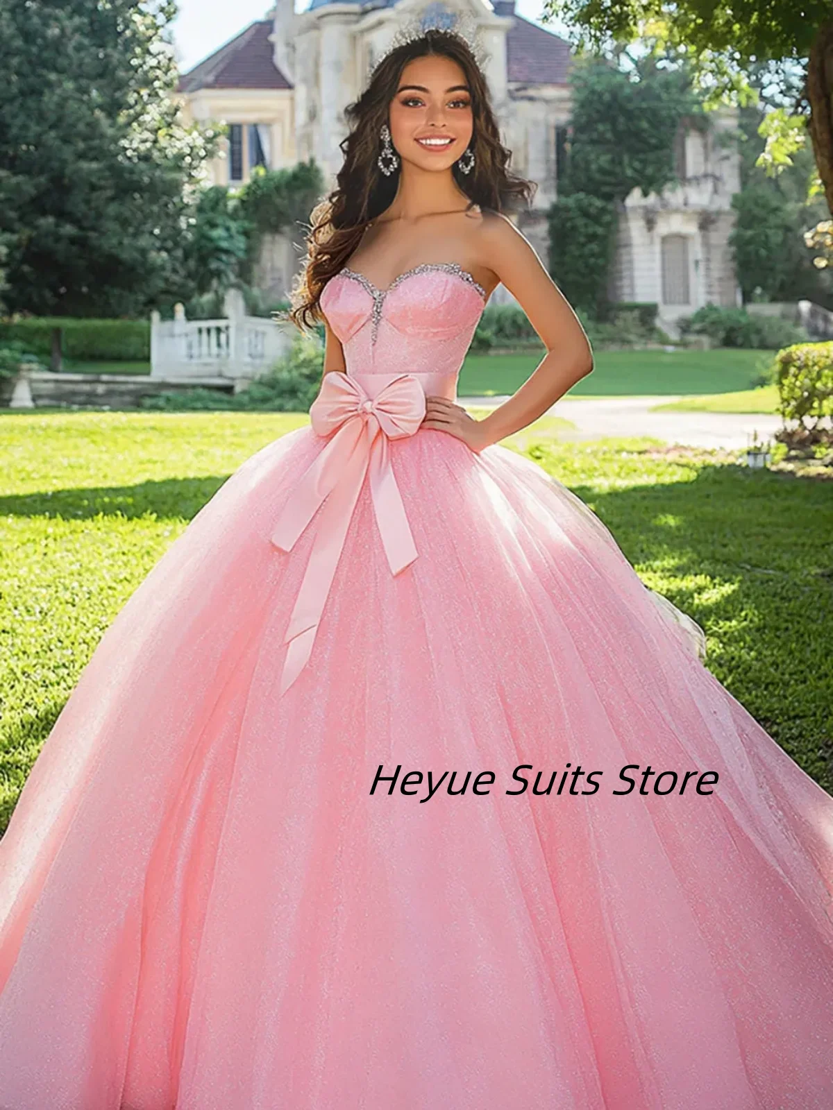 

Customized delicate princess Quinceanera Dress Fashion Sparkly Pink Sweetheart bow Tulle Ball Gown Long Gown Vestido De15 Anos