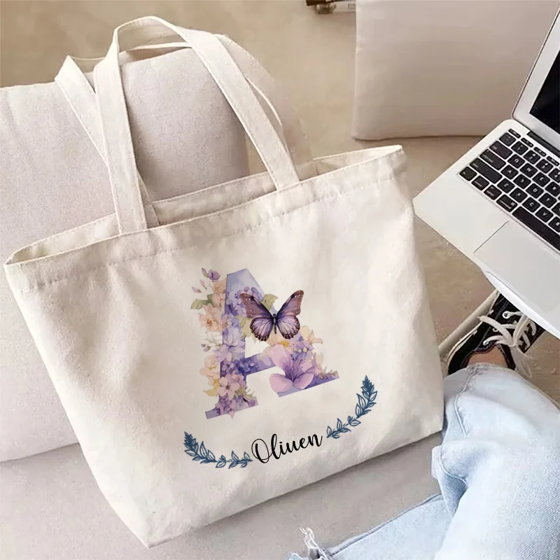 Flower Butterfly Letter Personalized Name Canvas Tote Bag Organizer Romantic Wedding Bridesmaid Party Gift Handbag Shoulder Bags