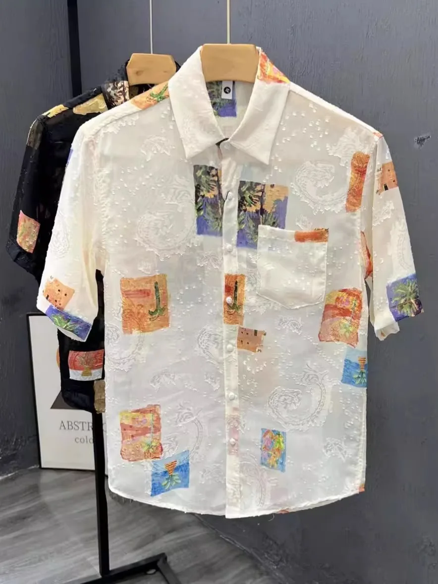 

Cool Silk Breathable Men's Floral Shirt Thin Half Sleeve Summer Transparent Embroidery Handsome Casual Shirt Loose Fit Short ...