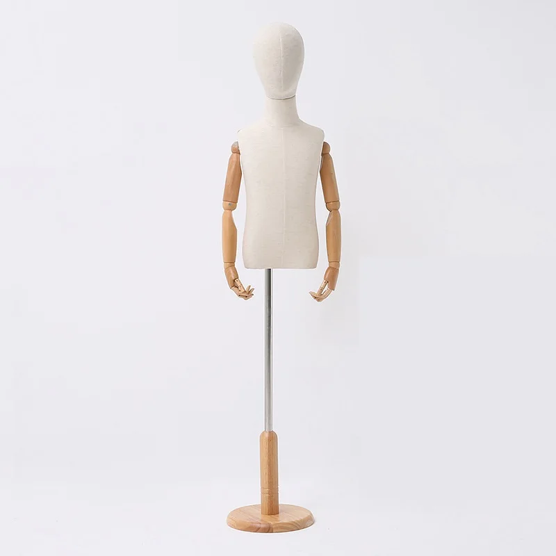 Kid Dress Form Fabric Cover Half Body Children\'s Model Mannequin Model Torso Wood Base With Wooden Arms For Window Display