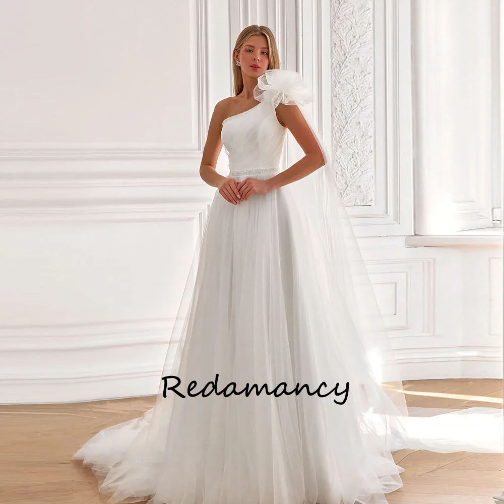 

Redamancy Customized Ivory One Shoulder Tulle Wedding Dress Zipper Up Back Floor-Length Prom Dress Long A-Line Party Dress