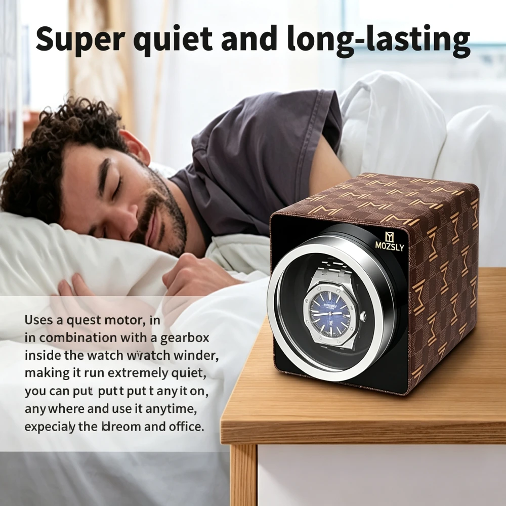 Mozsly Luxury Single Watch Winder, Handcrafted & 20 dB Japanese Motor, PU/Metal, 12 TPD Stackable, for Showcase Fits Rolex Omege