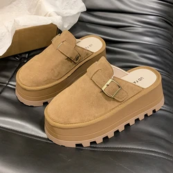 Women's Slippers Summer New Thick Soled Suede Leather Buckle Head Half Drag Fashion Comfortable Increase Non-slip Sandals