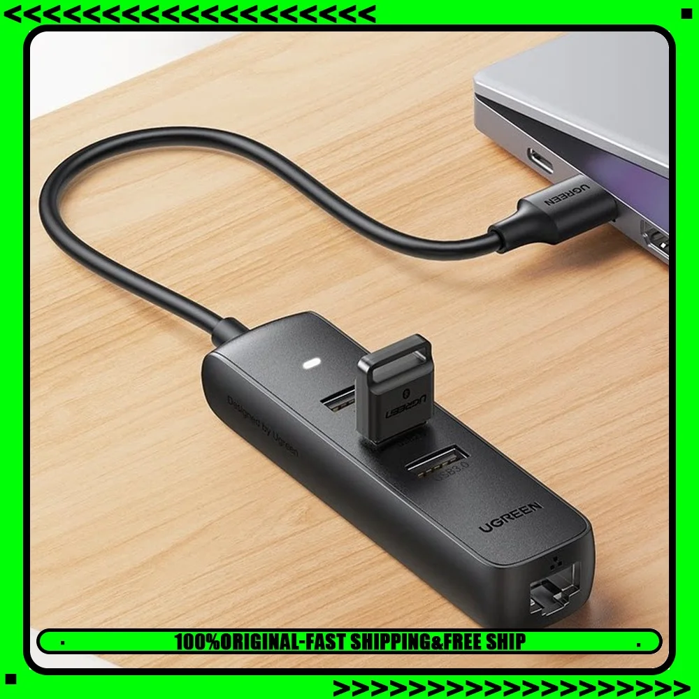 UGREEN 20984 CM416 USB 2.0 Hub with 3 USB Ports 100Mbps Ethernet RJ45 USB-C Auxiliary Power Input Black